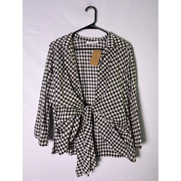 Mishca Black White Plaid Long Sleeve Tie Front Shirt Size Large - Picture 1 of 3